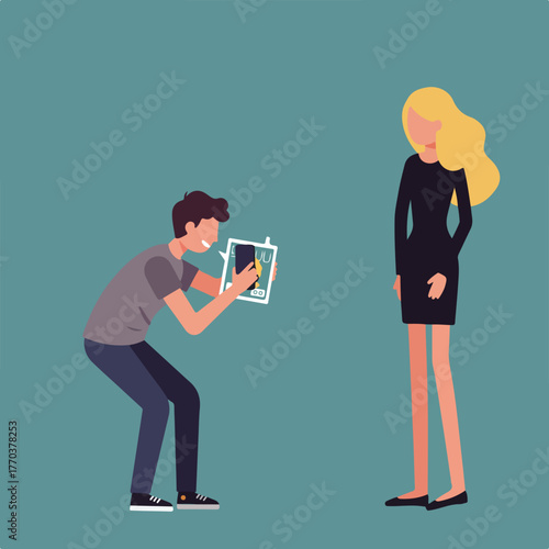 A man uses a tablet to photograph a woman. The woman has blond hair and is wearing a black dress