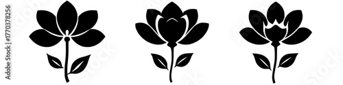 three stylized black and white lotus flower illustrations in varying stages of bloom. Flower simple icon. Stock vector.