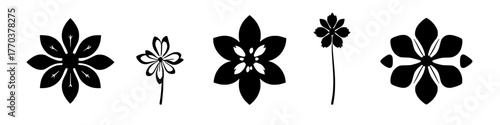 five stylized flower illustrations in black and white, perfect for graphic design elements. Flower simple icon. Stock vector.