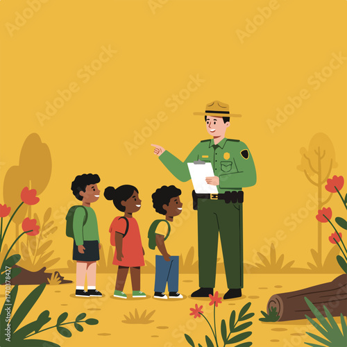 A park ranger guides a group of diverse children on a nature walk through a colorful, stylized landscape