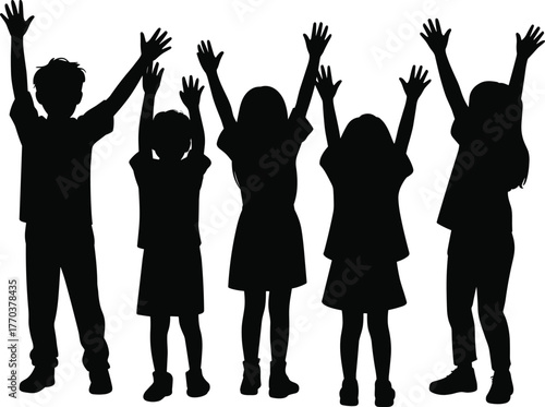 Children silhouettes raising hands, happy kids group unity, joyful childhood celebration, teamwork concept, friendship together, playful children illustration,