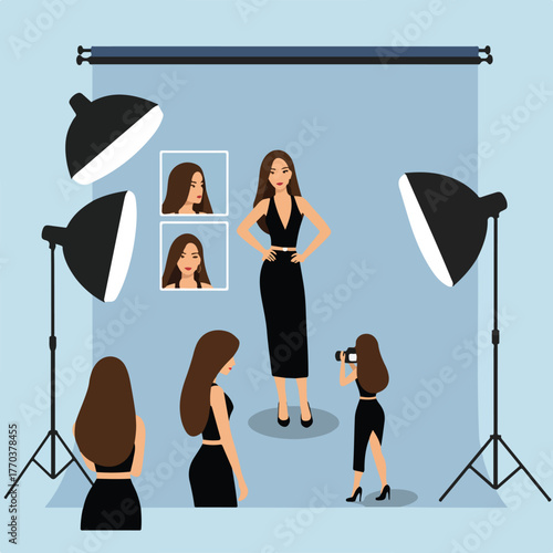 A photoshoot scene with a model, photographer, lights, backdrop, and headshots. The model poses