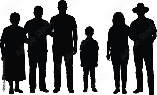 Family generation silhouette, diverse people standing together, child to elderly, community unity, demographic diversity, multigenerational group, human figures