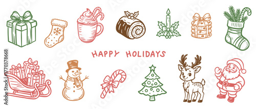 Colorful Hand Drawn Christmas And Winter Icons With Mittens, Tree, Gingerbread Man, Ice Skates, Bells, Bird, Snowman, Candle, And Snowflake. Festive Holiday Greeting Illustration With “Happy Holidays”