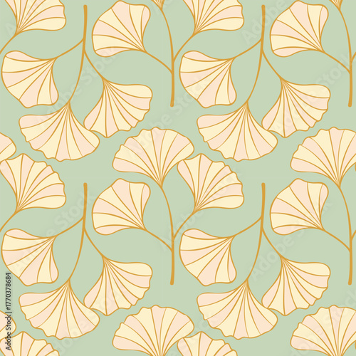 Ginkgo biloba pattern, leaves silhouette gold, cream beige colors. On pastel green background.