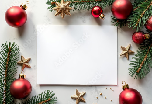 Mockup of a card or tag with Christmas decor around it: balls, stars, tinsel, minimalist style