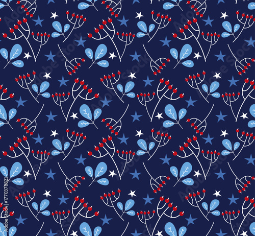 Winter Seamless Vector Floral Pattern with White Branches, Leaves and Stars on a dark Blue Background.	