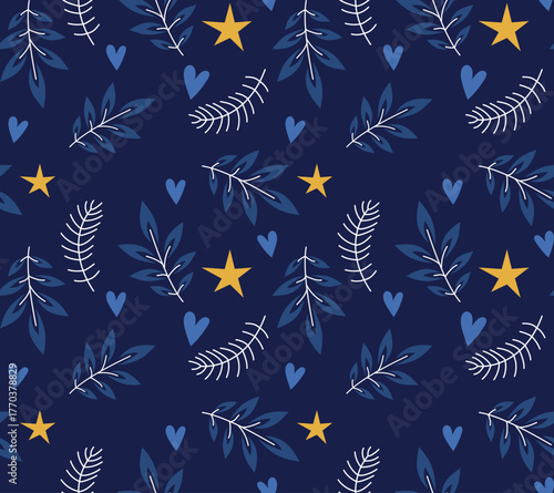 Winter Seamless Vector Floral Pattern with Blue Branches, Leaves and Stars on a dark Blue Background.	