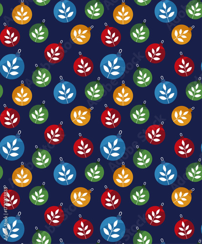 Seamless Christmas Pattern with Colorful Baubles on Dark Blue Background