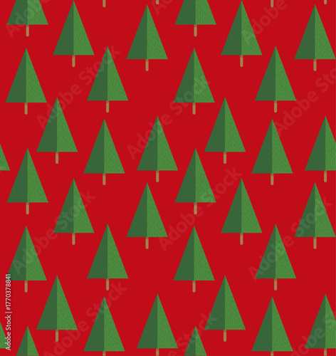 Seamless Christmas Pattern with Green Geometric Trees on Red Background