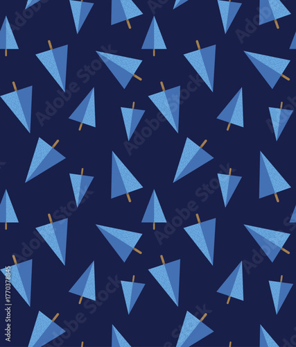 Seamless Christmas Pattern with Blue Geometric Trees on Dark Blue Background