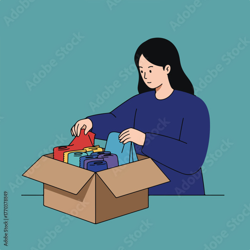A woman in a blue sweater sorts items in a box. The box contains colorful, folded textiles