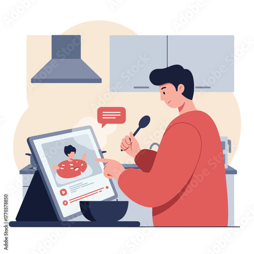 A person in a kitchen watches a cooking tutorial on a tablet and cooks with a spoon in hand