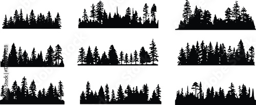 Forest tree line silhouettes, coniferous pine trees, evergreen woodland horizon, natural landscape outline, black silhouette forest, wilderness background, outdoor nature design, vector illustration,