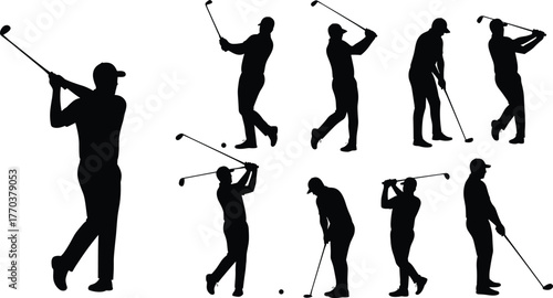 Golf player silhouette collection, golfer swing poses, sports training illustration, athletic movement sequence, professional golfing technique, fitness exercise, outdoor recreation