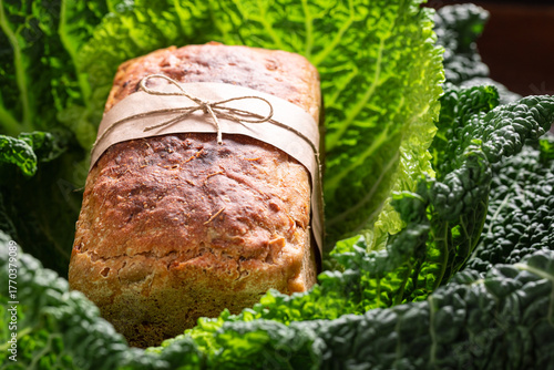 Fresh sauerkraut bread made of cabbage and whole grain.