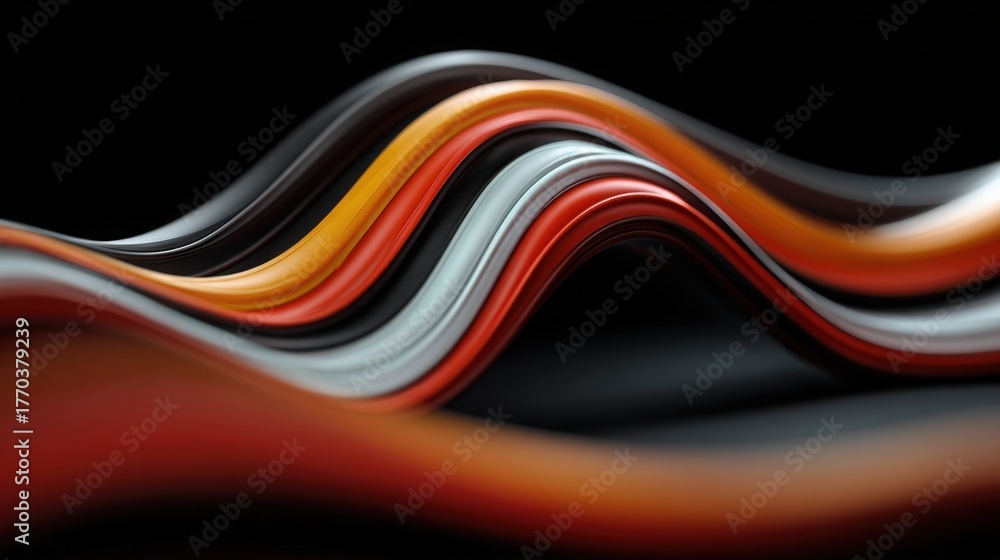 Fototapeta premium Curved lines of orange, red, white, and black twist gracefully across a dark surface, creating a smooth and vibrant visual experience. The flowing shapes give a sense of movement and fluidity.