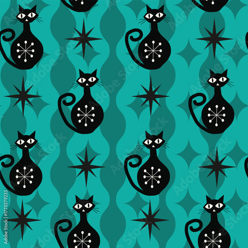Mid century modern black atomic cats on vintage teal ogee seamless pattern. For fabric, home décor and wallpaper.