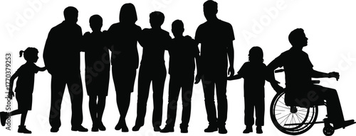 Inclusive diversity silhouette group of people standing together, community unity, wheelchair accessibility, children and adults, equality representation, family support, social harmony illustration