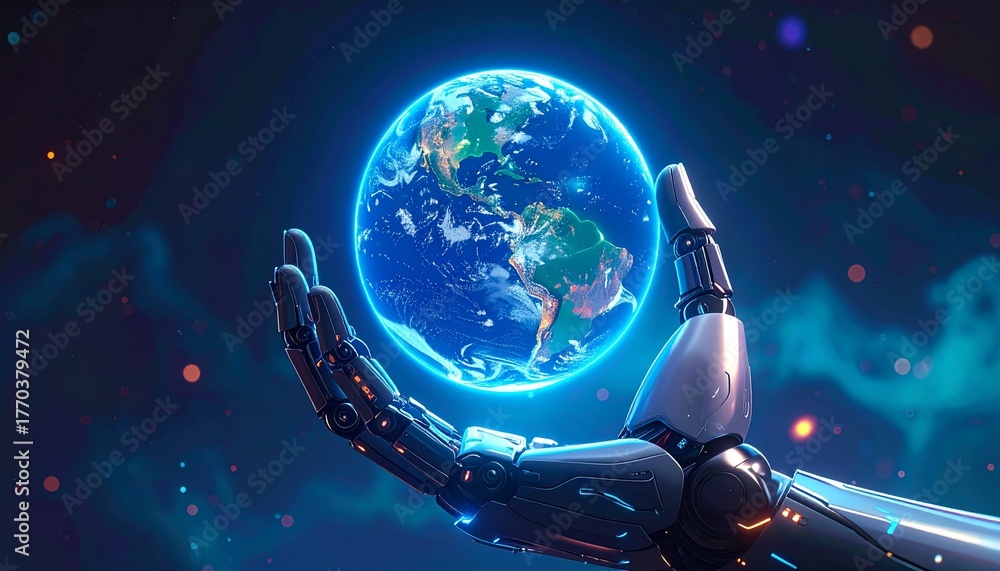 Naklejka premium Robotic Hand Holding Earth with Neon Glow in a Futuristic Scene