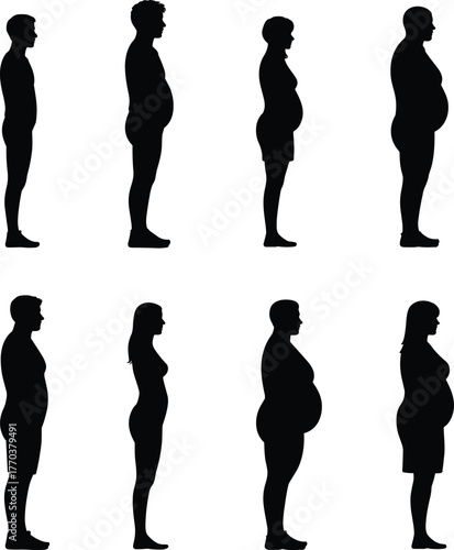 Silhouette body shapes, human figure profiles, diverse body types, fashion design template, anatomy outline, pregnant woman, slim contour, health study, vector illustration, icon set