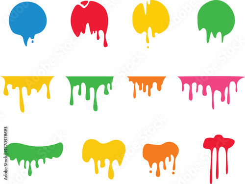 Set of colorful paint and blood drip splash elements for creative liquid vector design.