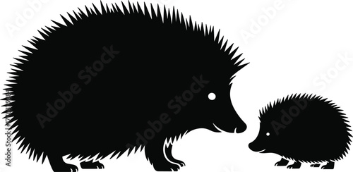 Silhouette echidna parent child illustration, hedgehog family bond vector, spiky animal cartoon design, cute wildlife character art, minimal nature drawing, adorable animal relationship graphic