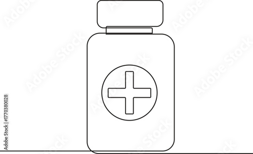 One line art of medical pill bottle with cross symbol and minimalist healthcare design vector.