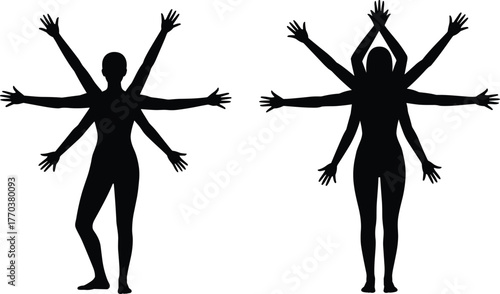 Silhouette figure with multiple arms, abstract human shape, surreal artistic design, spiritual energy concept, multitasking symbol, deity inspired illustration,