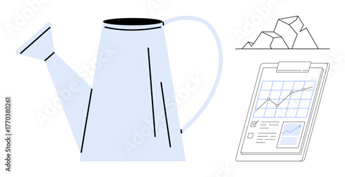 Watering can symbolizing nurturing, crumpled papers representing ideas, and clipboard showcasing analytics. Ideal for growth, creativity, planning, productivity, analysis, success simple flat