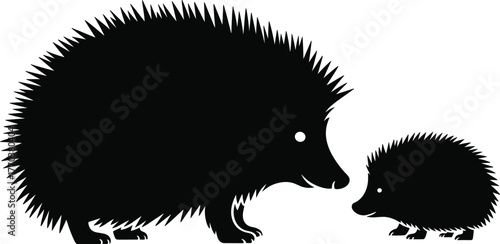 Silhouette hedgehog parent child illustration, cute animal family design, minimalistic wildlife vector, adorable spiky creatures, black outline drawing, nature connection, baby hedgehog art