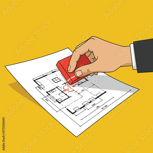 A hand, in a business suit, using a red eraser to alter a detailed, black and white architectural plan