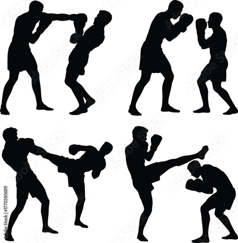 Silhouette martial arts fighters, kickboxing training poses, combat sports action, sparring techniques, self defense practice, fitness workout, striking moves, karate kick