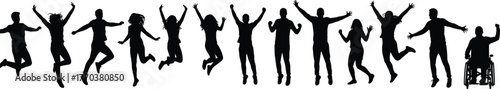 Silhouette people jumping celebrating diversity inclusion unity, group happiness teamwork success concept, wheelchair accessibility equality freedom, joyful crowd raising arms