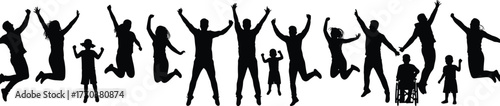 Silhouette people jumping celebrating diversity, inclusive community group, children adults wheelchair unity, happy freedom lifestyle, family support togetherness, energetic motion teamwork 