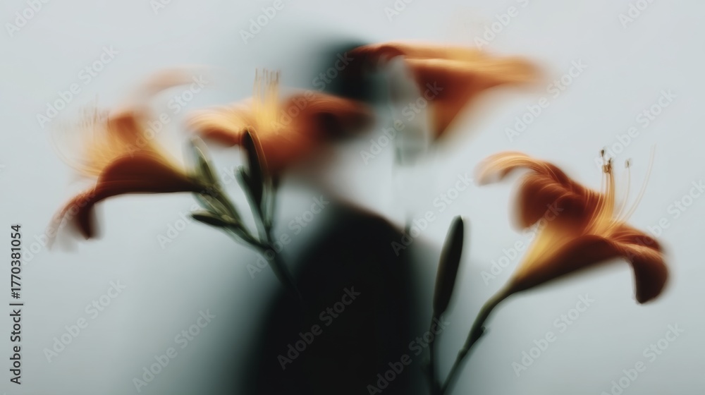 Fototapeta premium Blurred figure behind vibrant orange flowers in soft focus creates a serene atmosphere in a calm setting
