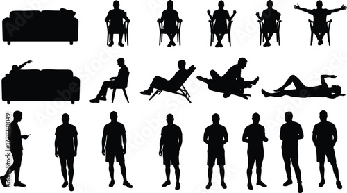 Silhouette people sitting, standing, relaxing, lounging, reclining, human posture collection, body gesture poses, lifestyle activity icons, black figure shapes, ergonomic design reference set