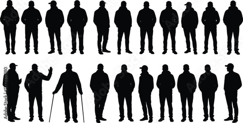 Silhouette people standing poses, casual clothing figures, men women hats caps, group crowd illustration, vector black outline, posture study, fashion reference, stock design