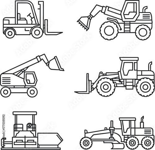 Heavy Construction Machinery Line Icons Vector Set - Forklift, Loader, Telehandler, Grader, and Paver