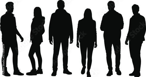 Silhouette people standing row, diverse human figures, anonymous crowd illustration, business team outline, fashion model pose, group identity concept, black shadow characters, isolated background