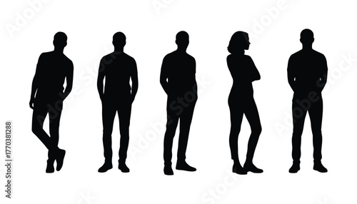 Group of five people silhouettes, diverse poses