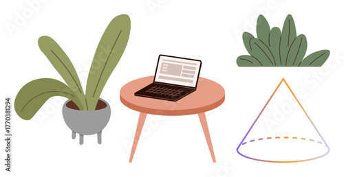 Laptop on wooden table surrounded by potted plants and gradient cone shape. Ideal for productivity, minimalism, work, creativity, ecology, interior design, lifestyle. Simple flat metaphor
