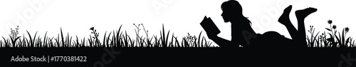 Silhouette person reading book in tall grass, wildflowers meadow leisure scene, peaceful outdoor relaxation, nature literature concept, tranquil countryside lifestyle, summer afternoon illustration