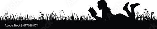 Silhouette person reading book outdoors, lying on grass with flowers, relaxing leisure nature scene, peaceful study lifestyle, education concept, summer meadow illustration design