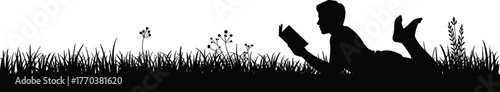 Silhouette person reading book outdoors, relaxing on grass field, peaceful leisure activity, nature lifestyle concept, student studying outside, summer meadow relaxation, tranquil learning environment