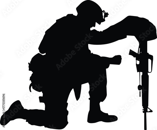 Silhouette soldier kneeling tribute, military remembrance honor respect, armed forces sacrifice illustration, war memorial concept, army man rifle helmet gear, patriotic service illustration