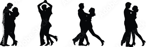 Silhouette, dancing couple, ballroom dance, Latin dance, romantic partners, elegant movement, performance art, competition, tango, salsa, waltz, choreography, passion, graceful,