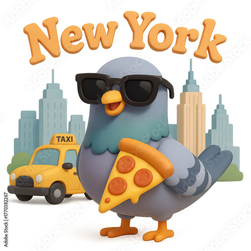 New York Pigeon Wearing Sunglasses Holding Pizza Slice With Yellow Taxi City Background Cartoon Illustration