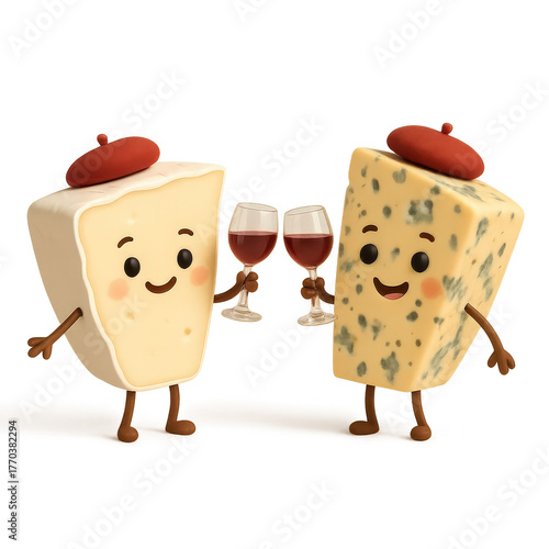 Funny Cartoon Cheese Friends Brie And Blue Toasting With Wine Glasses Cute French Food Friendship Illustration