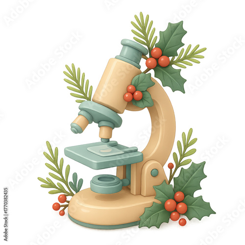Christmas Microscope Decorated With Pine Branches And Red Berries Festive Scientific Biology Holiday Illustration